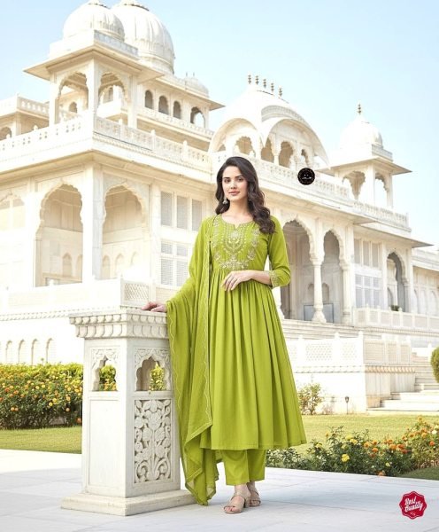 Sparkling Parrot Green Tiered Anarkali Kurti with Pitten Work Yoke   Cotton Pant with Malmal Dupatta for Parties   Functions Anarkali Kurtis 