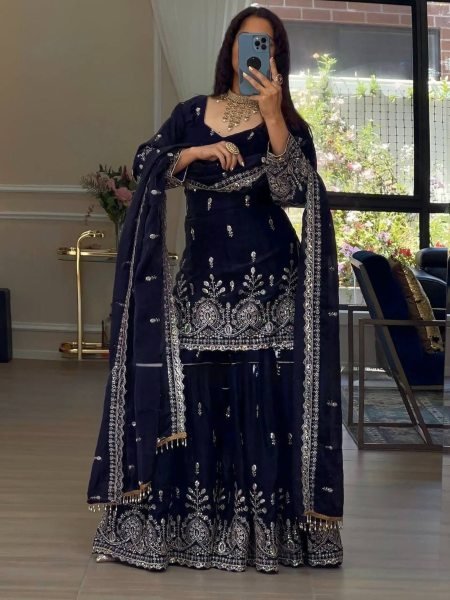 Special Blue JMC Silk Thread and Sequence Work Sharara Suit with Fancy Lace Dupatta Ready To Wear Suit