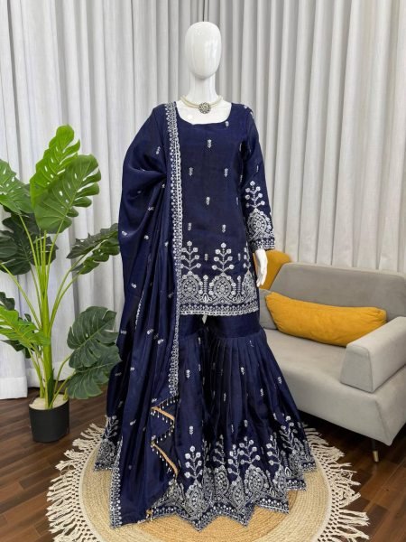 Special Blue JMC Silk Thread and Sequence Work Sharara Suit with Fancy Lace Dupatta Ready To Wear Collection