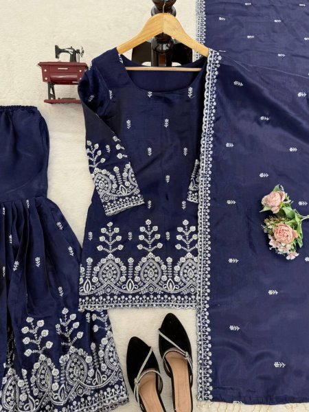 Special Blue JMC Silk Thread and Sequence Work Sharara Suit with Fancy Lace Dupatta Ready To Wear Collection
