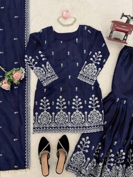 Special Blue JMC Silk Thread and Sequence Work Sharara Suit with Fancy Lace Dupatta Ready To Wear Collection