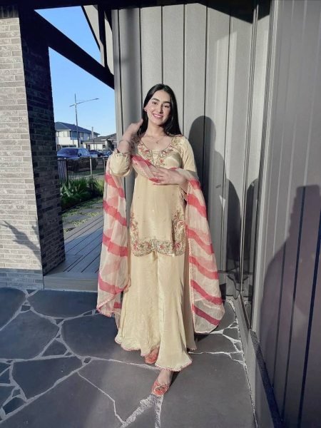 Special Impact Cream Crepe Silk Embroidered Top Plazzo Set with Digital Print Organza Dupatta Ready To Wear Suit