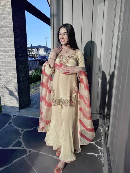 Special Impact Cream Crepe Silk Embroidered Top Plazzo Set with Digital Print Organza Dupatta Ready To Wear Collection