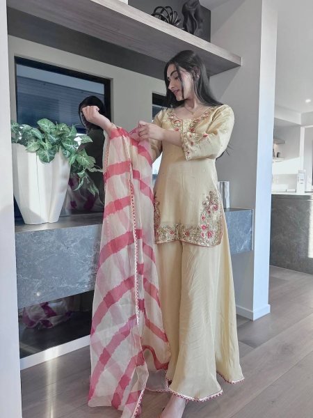 Special Impact Cream Crepe Silk Embroidered Top Plazzo Set with Digital Print Organza Dupatta Ready To Wear Collection