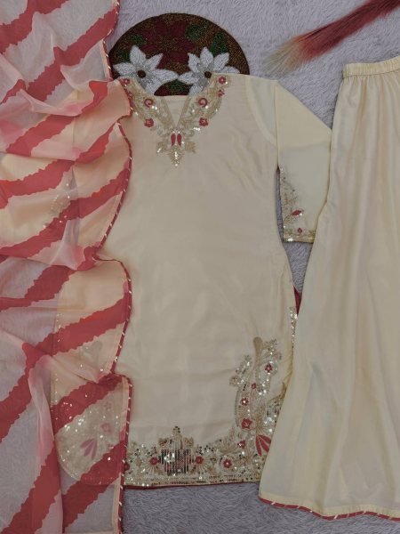 Special Impact Cream Crepe Silk Embroidered Top Plazzo Set with Digital Print Organza Dupatta Ready To Wear Collection