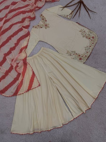 Special Impact Cream Crepe Silk Embroidered Top Plazzo Set with Digital Print Organza Dupatta Ready To Wear Collection