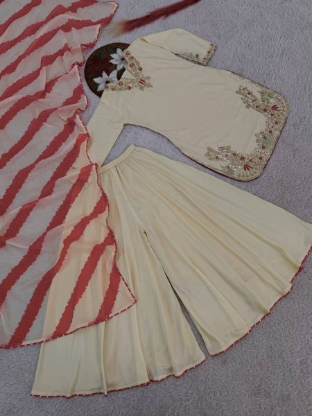 Special Impact Cream Crepe Silk Embroidered Top Plazzo Set with Digital Print Organza Dupatta Ready To Wear Collection