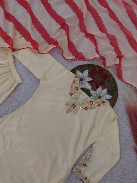 Special Impact Cream Crepe Silk Embroidered Top Plazzo Set with Digital Print Organza Dupatta Ready To Wear Collection