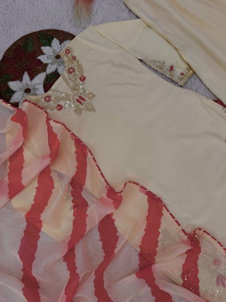 Special Impact Cream Crepe Silk Embroidered Top Plazzo Set with Digital Print Organza Dupatta Ready To Wear Collection