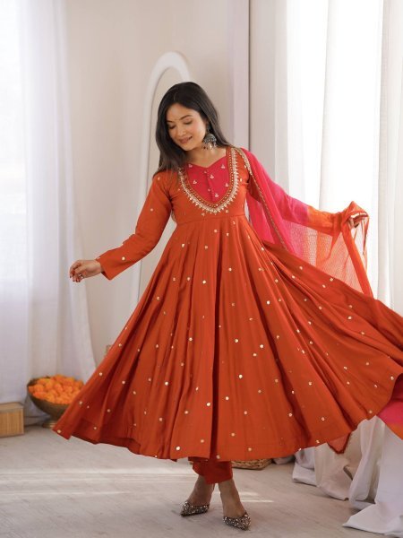 Special Occasion Roman Silk Embroidered And Sequence Work Gown With Bottom And Dupatta Ready To Wear Suit