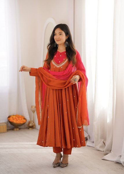 Special Occasion Roman Silk Embroidered And Sequence Work Gown With Bottom And Dupatta Ready To Wear Collection