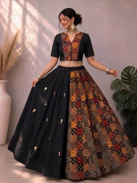 Splendid Black Ajrakh Cotton Lehenga with Real Hand Mirror and Ginni Work For Garba 