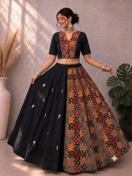 Splendid Black Ajrakh Cotton Lehenga with Real Hand Mirror and Ginni Work For Garba Navratri Lehnega Choli