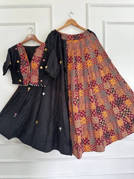 Splendid Black Ajrakh Cotton Lehenga with Real Hand Mirror and Ginni Work For Garba Navratri Lehnega Choli
