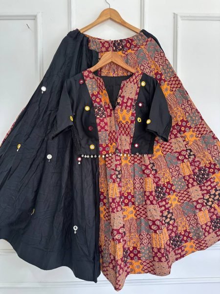 Splendid Black Ajrakh Cotton Lehenga with Real Hand Mirror and Ginni Work For Garba Navratri Lehnega Choli