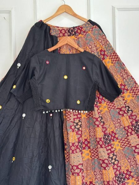 Splendid Black Ajrakh Cotton Lehenga with Real Hand Mirror and Ginni Work For Garba Navratri Lehnega Choli