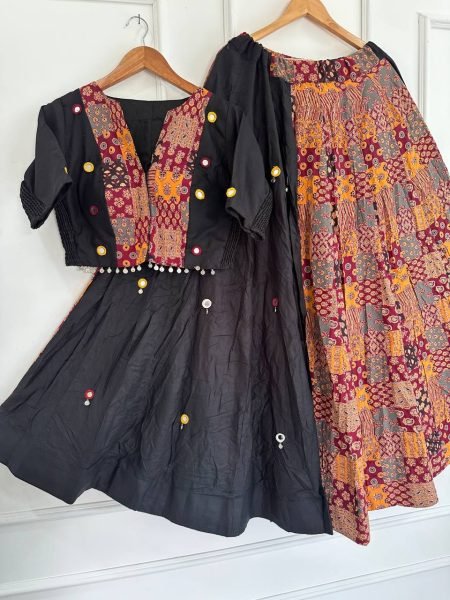 Splendid Black Ajrakh Cotton Lehenga with Real Hand Mirror and Ginni Work For Garba Navratri Lehnega Choli