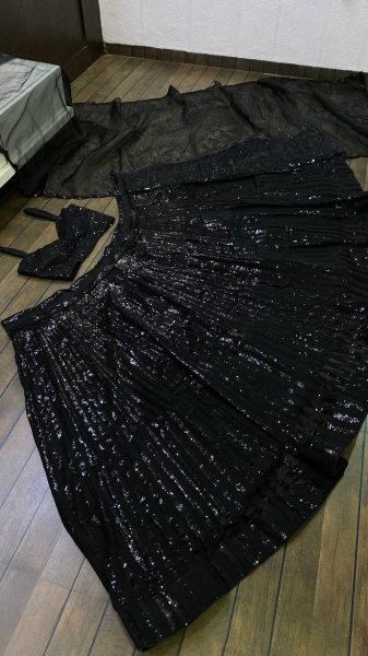 Splendid Black Georgette Lehenga Choli with Sequins Work and Organza Dupatta For Party Bollywood Lehenga Choli