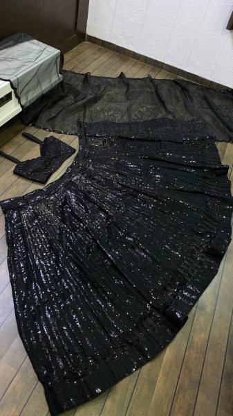Splendid Black Georgette Lehenga Choli with Sequins Work and Organza Dupatta For Party Bollywood Lehenga Choli