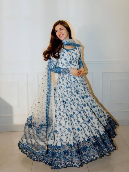 Splendid Blue Anarkali Gown Set with Butterfly Net Dupatta at Wholesale Rate 