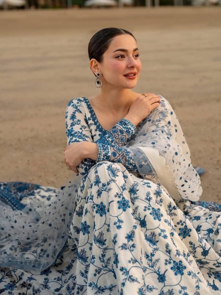 Splendid Blue Anarkali Gown Set with Butterfly Net Dupatta at Wholesale Rate Ready To Wear Collection
