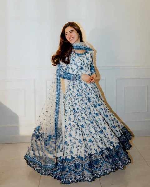 Splendid Blue Anarkali Gown Set with Butterfly Net Dupatta at Wholesale Rate Ready To Wear Collection