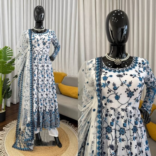 Splendid Blue Anarkali Gown Set with Butterfly Net Dupatta at Wholesale Rate Ready To Wear Collection