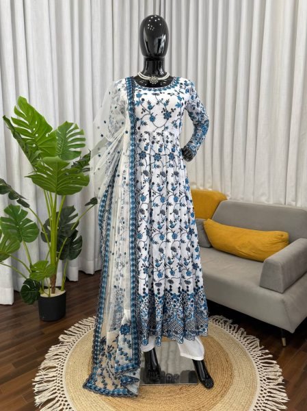 Splendid Blue Anarkali Gown Set with Butterfly Net Dupatta at Wholesale Rate Ready To Wear Collection