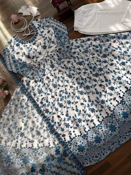 Splendid Blue Anarkali Gown Set with Butterfly Net Dupatta at Wholesale Rate Ready To Wear Collection