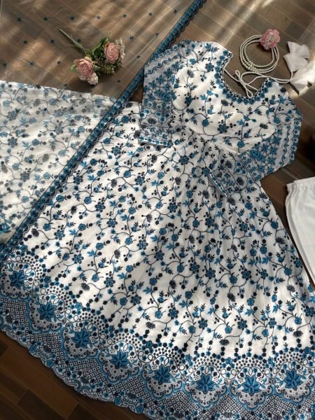 Splendid Blue Anarkali Gown Set with Butterfly Net Dupatta at Wholesale Rate Ready To Wear Collection