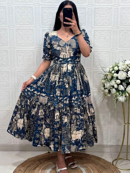 Splendid Blue Boutique Quality Muslin Cotton Printed Dress for Daily Wear 