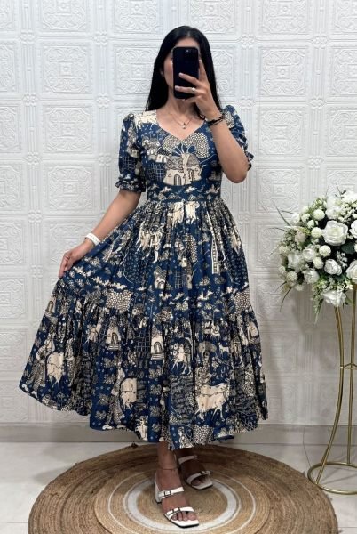 Splendid Blue Boutique Quality Muslin Cotton Printed Dress for Daily Wear Western Ladies Top Wholesale