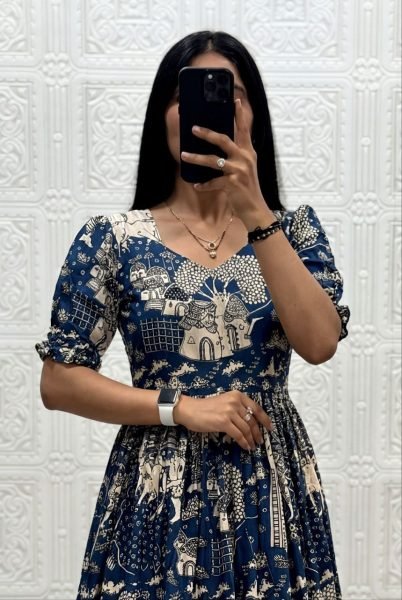 Splendid Blue Boutique Quality Muslin Cotton Printed Dress for Daily Wear Western Ladies Top Wholesale