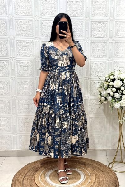 Splendid Blue Boutique Quality Muslin Cotton Printed Dress for Daily Wear Western Ladies Top Wholesale