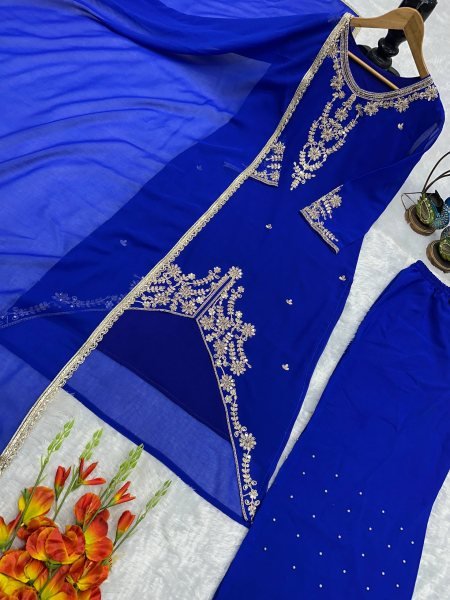 Splendid Blue Fox Georgette Suit Set With Using Embroidered Work In Duptta for Weddings Ready To Wear Collection