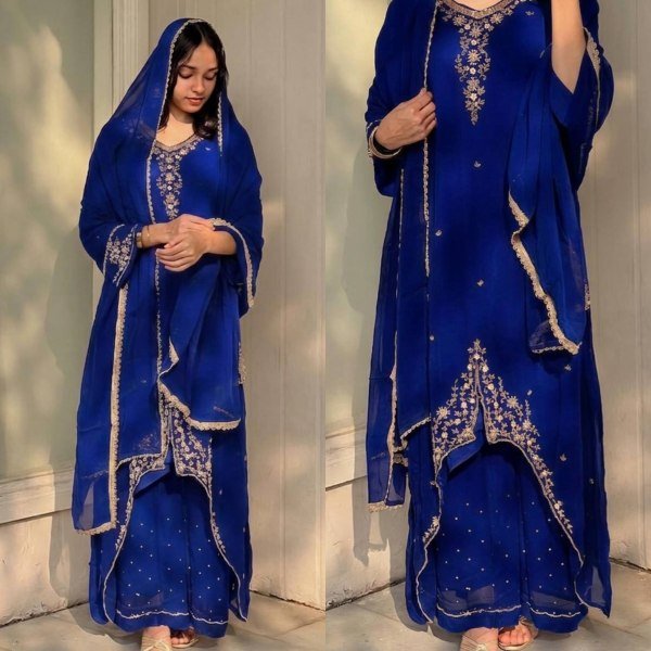 Splendid Blue Fox Georgette Suit Set With Using Embroidered Work In Duptta for Weddings Ready To Wear Collection