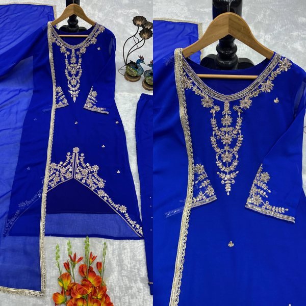 Splendid Blue Fox Georgette Suit Set With Using Embroidered Work In Duptta for Weddings Ready To Wear Collection