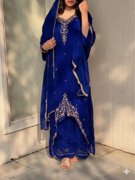Splendid Blue Fox Georgette Suit Set With Using Embroidered Work In Duptta for Weddings Ready To Wear Collection