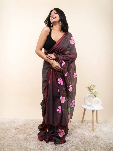 Splendid Brown Linen Cotton Digital Print Saree with Matching Printed Blouse  Sarees 