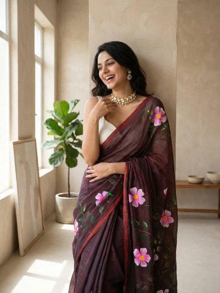 Splendid Brown Linen Cotton Digital Print Saree with Matching Printed Blouse  Cotton Sarees Wholesale