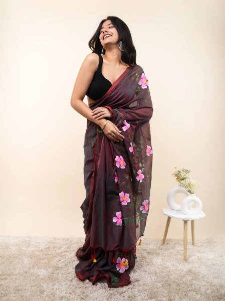 Splendid Brown Linen Cotton Digital Print Saree with Matching Printed Blouse  Cotton Sarees Wholesale