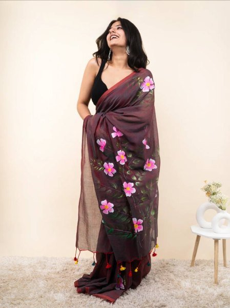 Splendid Brown Linen Cotton Digital Print Saree with Matching Printed Blouse  Cotton Sarees Wholesale