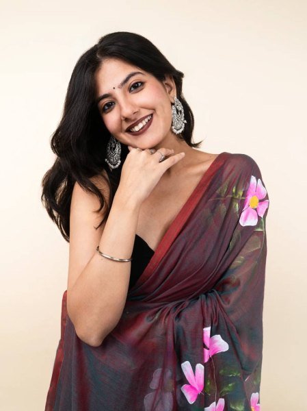 Splendid Brown Linen Cotton Digital Print Saree with Matching Printed Blouse  Cotton Sarees Wholesale