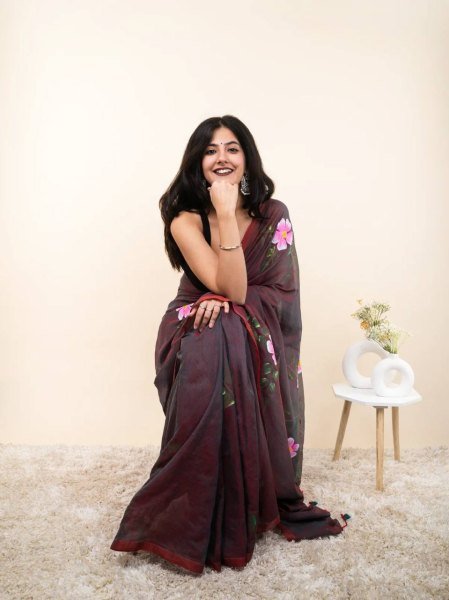 Splendid Brown Linen Cotton Digital Print Saree with Matching Printed Blouse  Cotton Sarees Wholesale