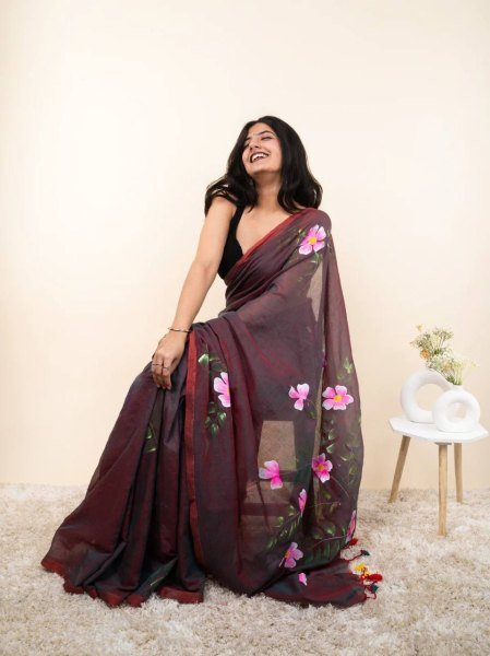 Splendid Brown Linen Cotton Digital Print Saree with Matching Printed Blouse  Cotton Sarees Wholesale