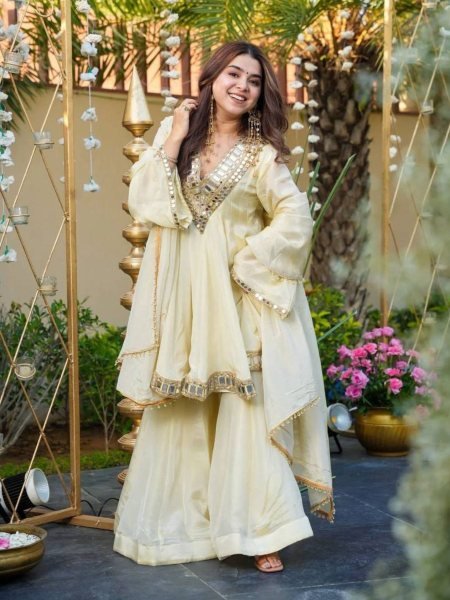  Splendid Chinon Silk Real Mirror Work Silk Kurti Set with Full Flair Plazzo for a Wedding Wear 