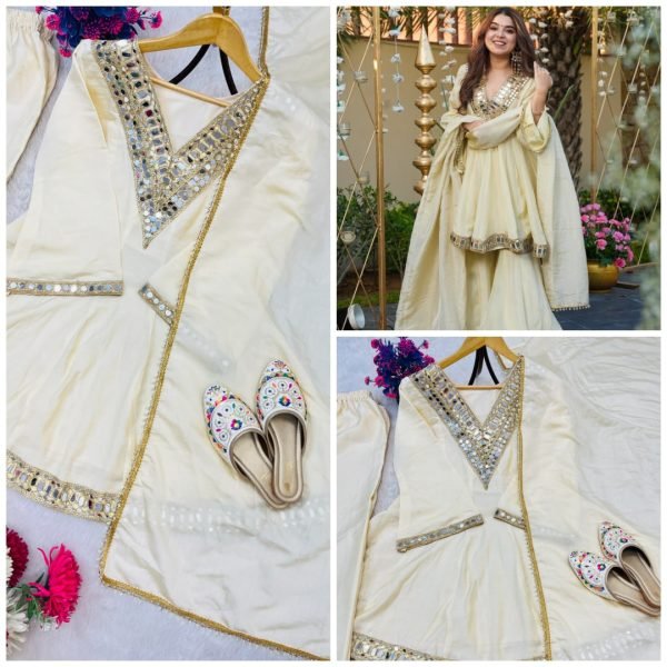  Splendid Chinon Silk Real Mirror Work Silk Kurti Set with Full Flair Plazzo for a Wedding Wear  Ready To Wear Collection