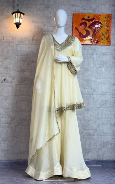  Splendid Chinon Silk Real Mirror Work Silk Kurti Set with Full Flair Plazzo for a Wedding Wear  Ready To Wear Collection