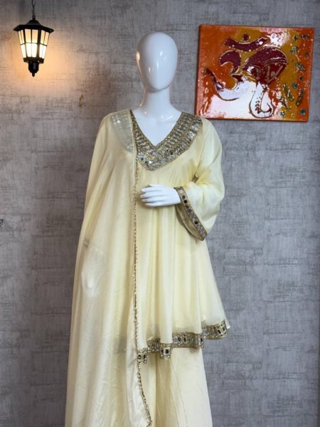  Splendid Chinon Silk Real Mirror Work Silk Kurti Set with Full Flair Plazzo for a Wedding Wear  Ready To Wear Collection