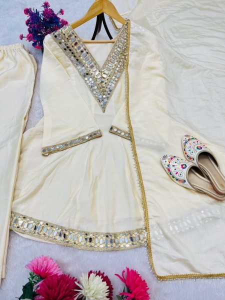  Splendid Chinon Silk Real Mirror Work Silk Kurti Set with Full Flair Plazzo for a Wedding Wear  Ready To Wear Collection